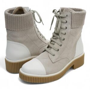 VAN ELI Quilted Suede Lace-up Combat Boots in Light Gray White Size 6.5 NEW
